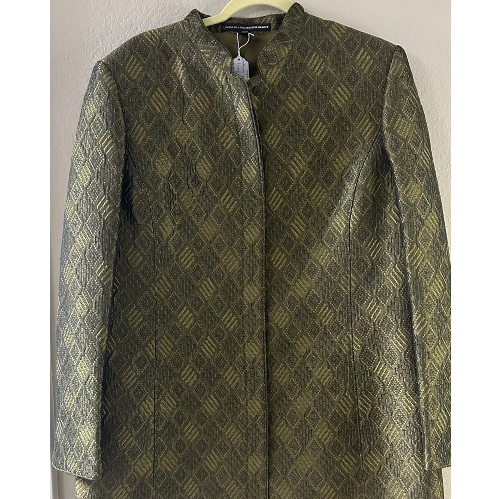 Linda Allard Ellen Tracy Gold Olive Jacquard Blazer Mandarin Collar Jacket 16